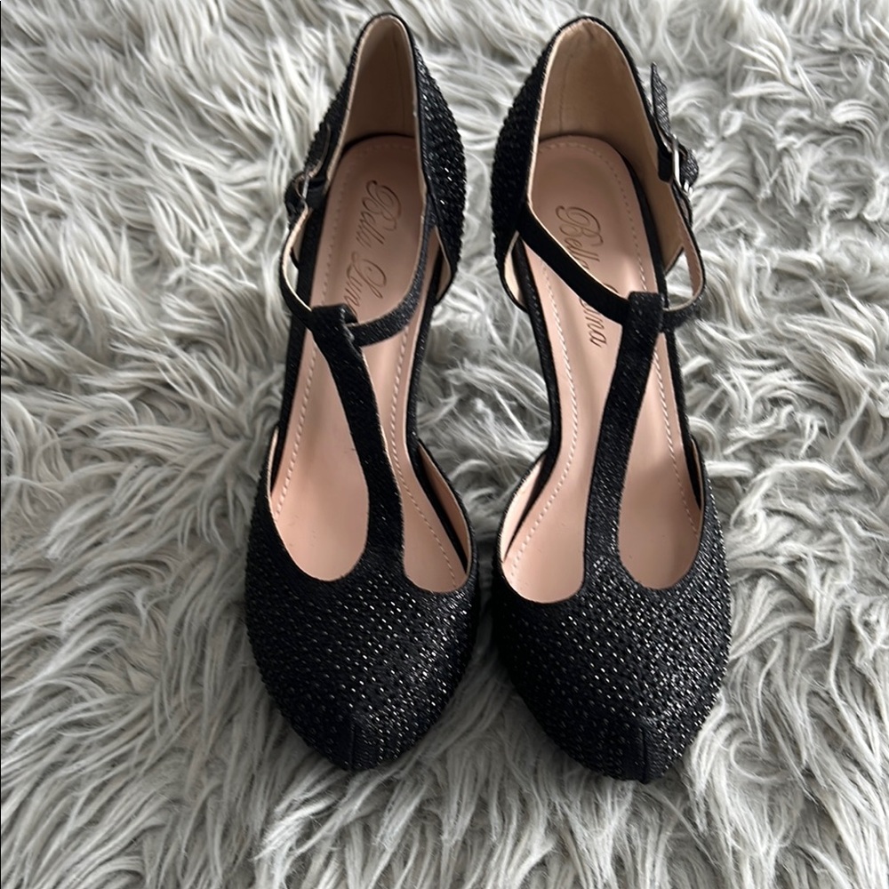 Black Textured Heels with T-Strap